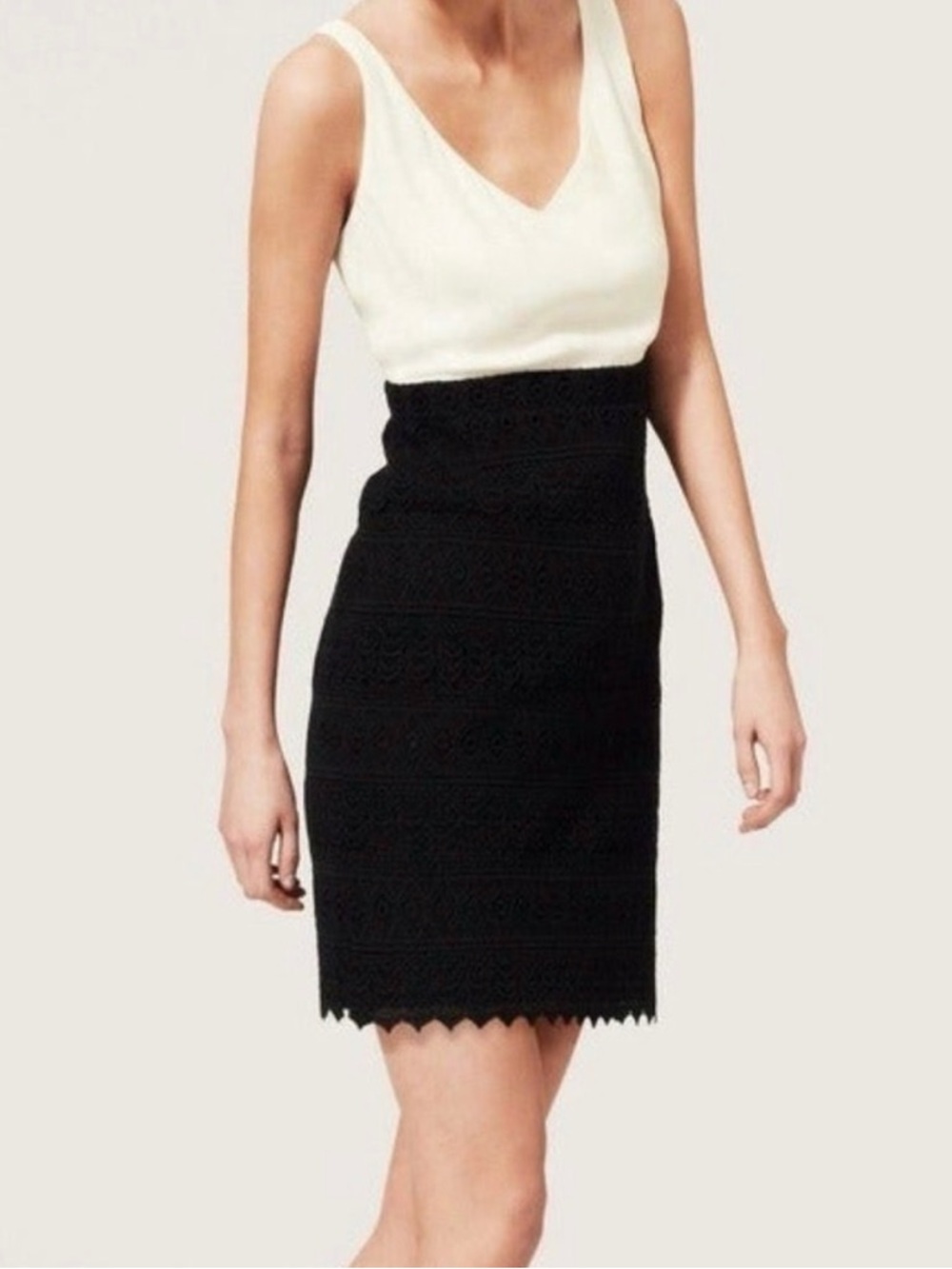 Loft - Sleeveless Black & White Pencil Skirt Dress With Lace Bottom - Size 6